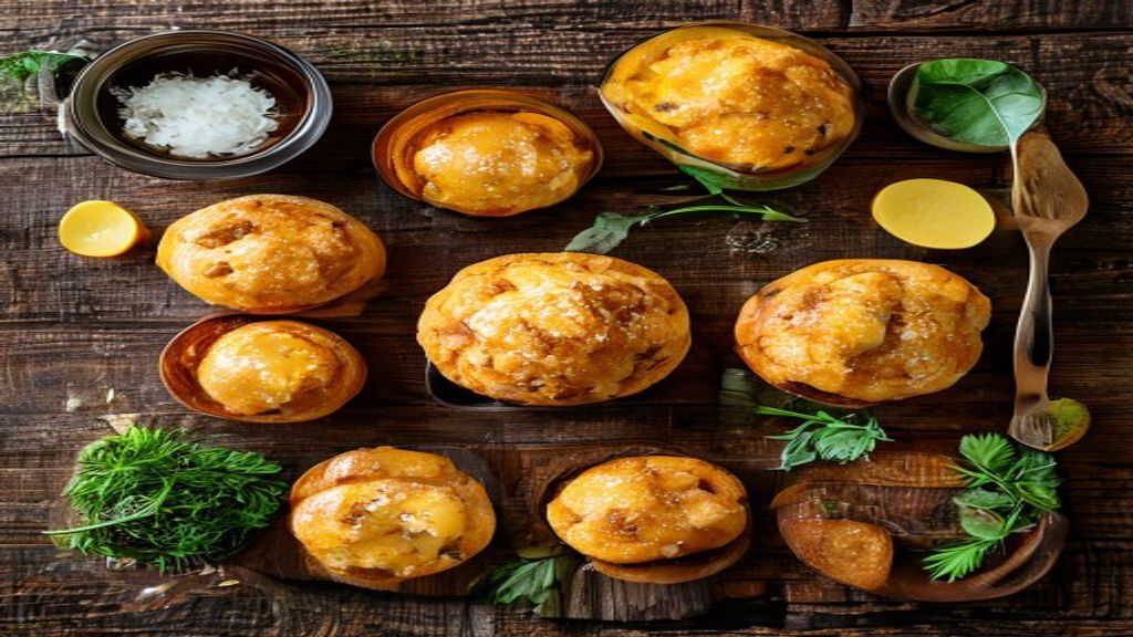 Visão de cima mostrando polvilho, leite, ovos e queijos organizados em tigelas sobre bancada rústica