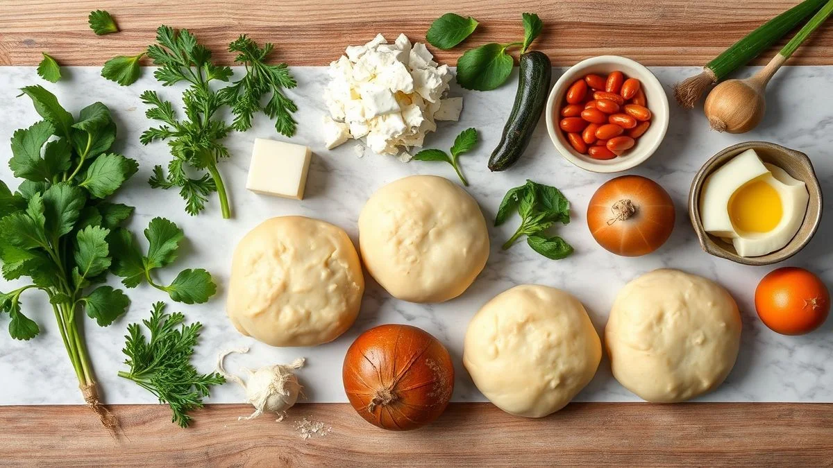 Visão de cima com mandioca, polvilhos, queijo ralado, ovo, manteiga e leite organizados em bancada