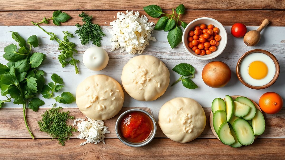Visão de cima com tapioca hidratada, queijo ralado, ovos, leite, manteiga e sal organizados em uma bancada