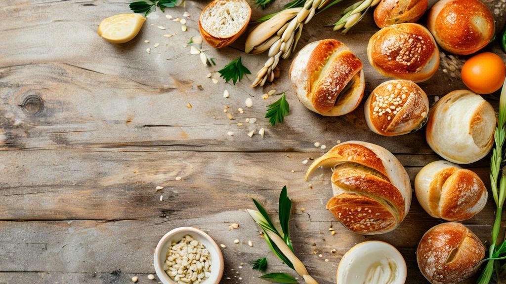 Visão de cima com ingredientes organizados: aveia, farinha de amêndoas, azeite, fermento e chia sobre bancada de madeira