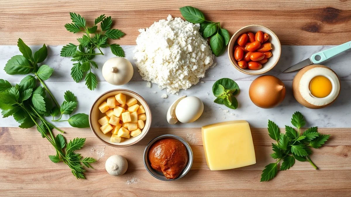 Visão de cima com creme de leite, farinha de trigo e sal medidos e organizados em uma bancada