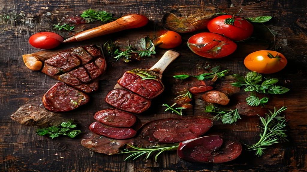 Visão de cima mostrando a picanha crua com sal grosso, pimenta, azeite e alecrim organizados sobre bancada de madeira.