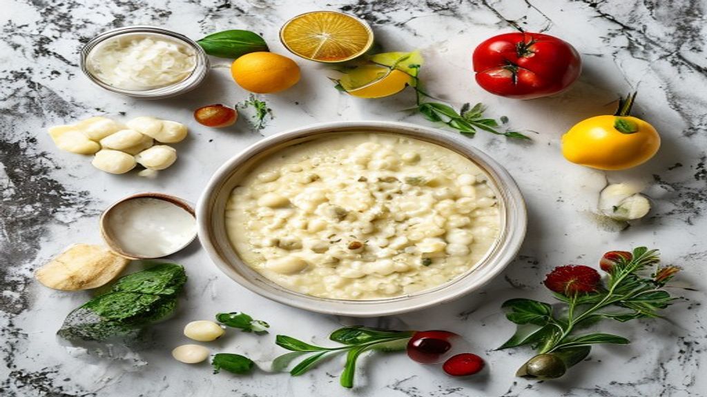 Ingredientes organizados sobre a bancada: fubá instantâneo, queijo ralado, manteiga, sal e especiarias.