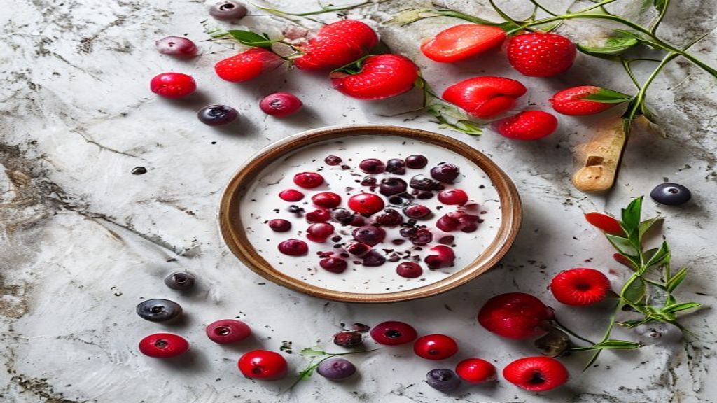 Ingredientes medidos e organizados em mesa: chia, leite vegetal, mel e frutas vermelhas