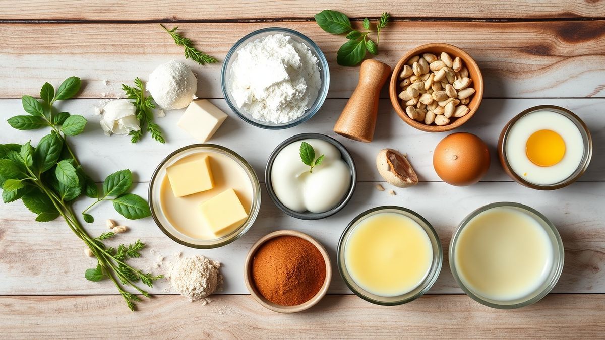 Visão de cima com leite condensado, creme de leite, leite em pó, leite e gelatina incolor organizados em bancada clara