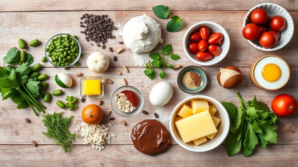 Visão de cima com Nutella, creme de leite gelado/cream cheese, cacau, leite em pó e sal organizados na bancada