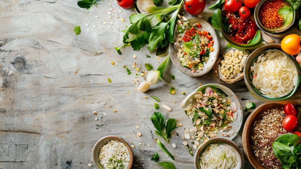 Visão de cima dos ingredientes organizados: cevadinha, legumes picados, ervas e temperos em uma bancada clara