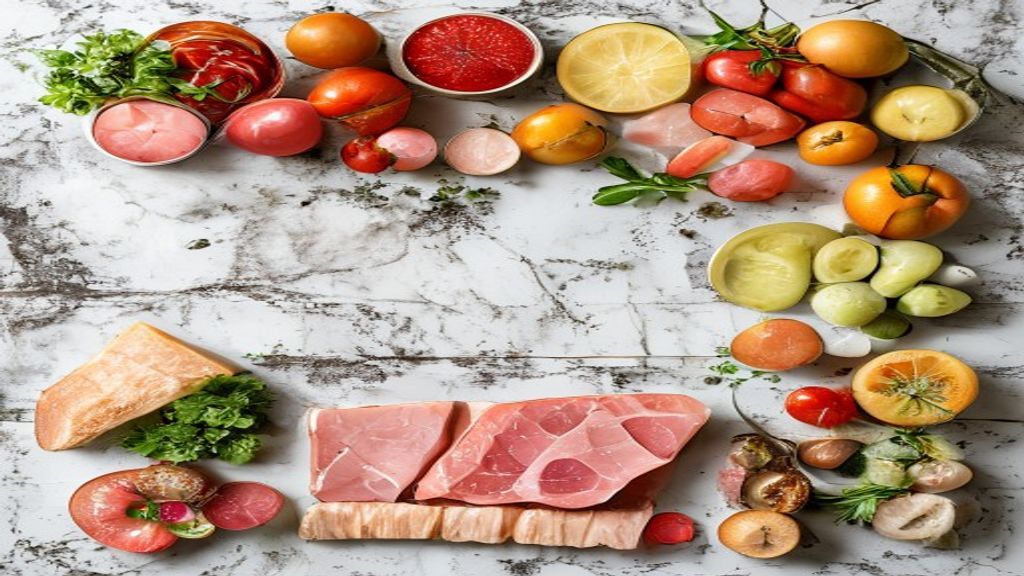 Visão de cima com farinha, leite, presunto, queijos e ovos dispostos em uma bancada organizada