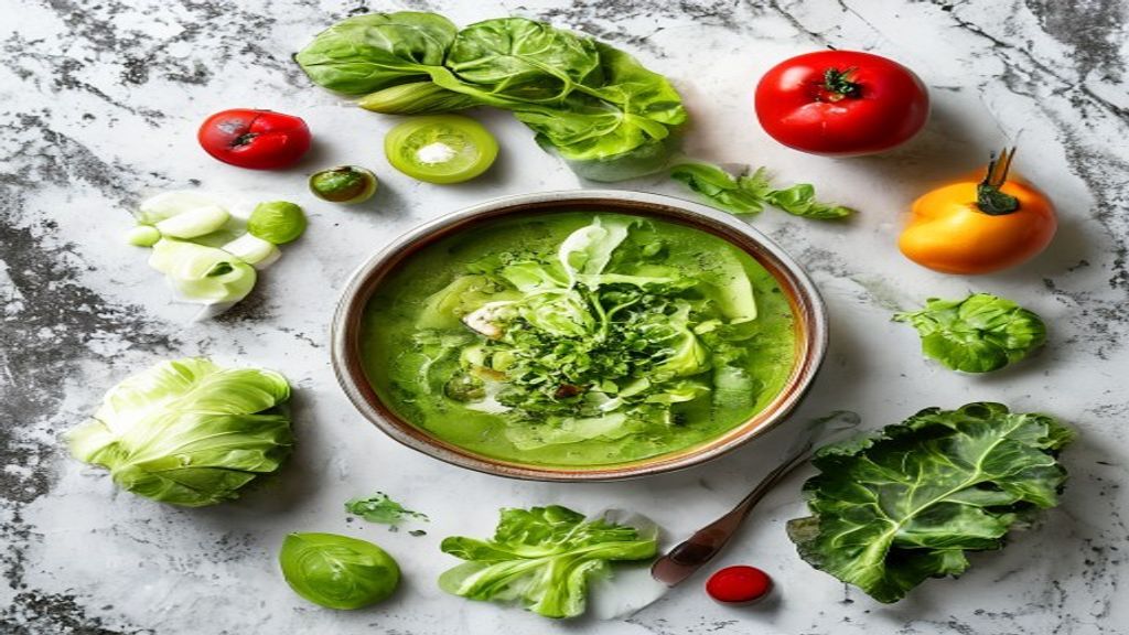 Ingredientes frescos como legumes picados, caldo, azeite e folhas de alface dispostos em bancada de madeira