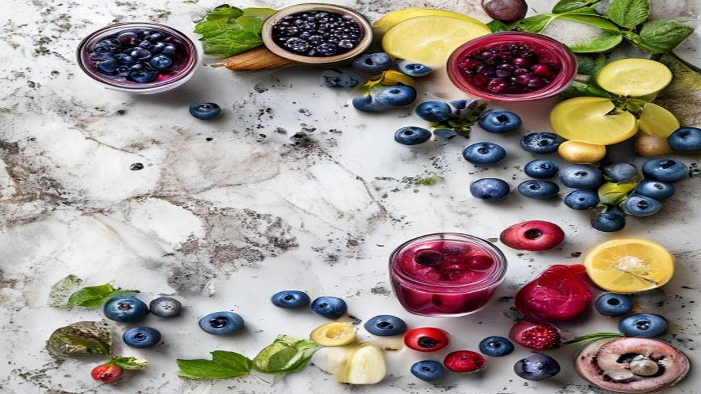 Visão de cima com mirtilos, limão, mel, água e gelo dispostos em uma bancada de mármore clara