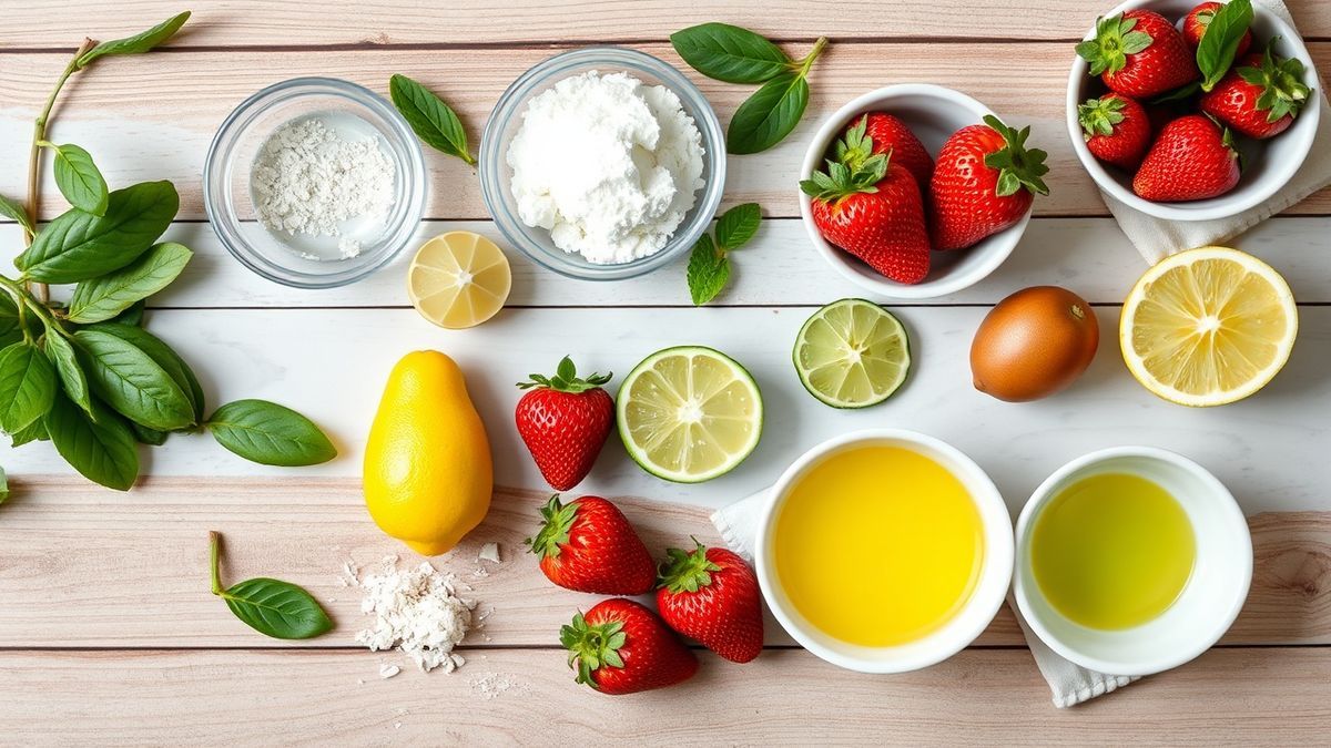 Visão de cima com biscoito, manteiga, leite condensado, creme de leite, limões e morangos organizados em bancada