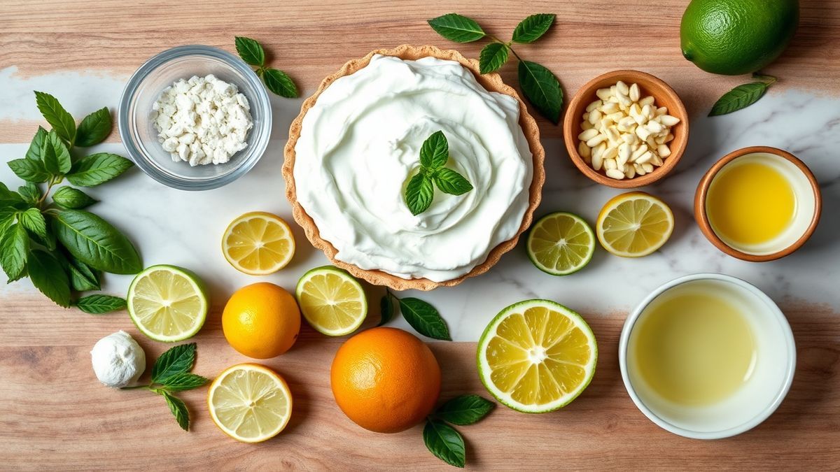 Visão de cima com biscoito triturado, manteiga, leite condensado, creme de leite, limões, açúcar e claras organizados em bancada