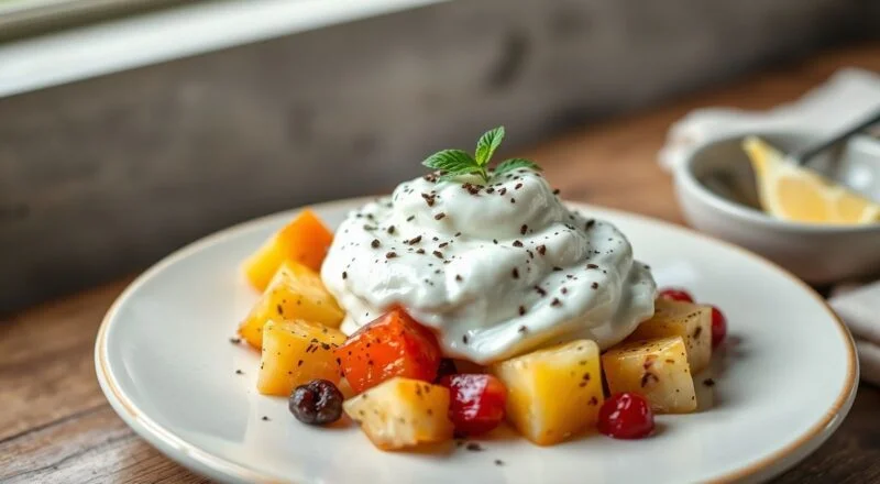 Iogurte grego bem denso e brilhante em tigela, com apresentação clean e apetitosa, pronto para servir.