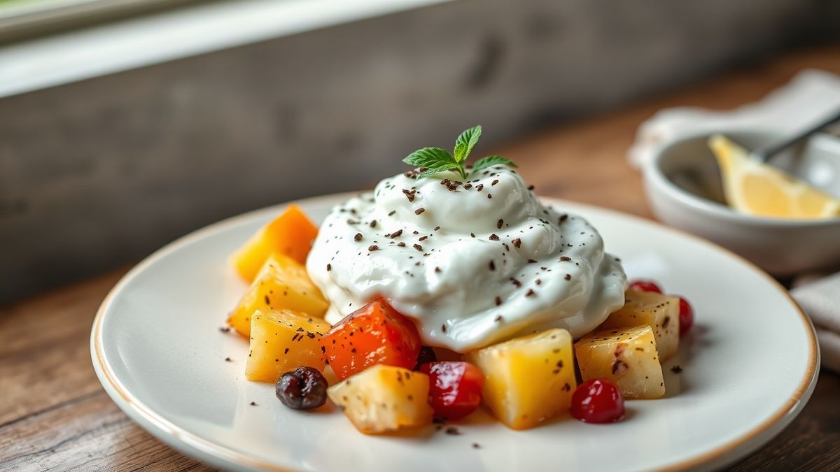 Iogurte grego caseiro bem grosso e cremoso em tigela, finalizado para servir no café da manhã