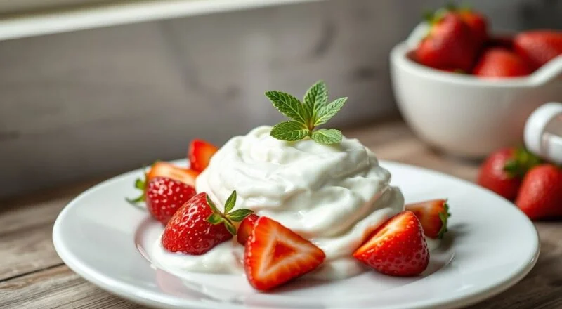 Pote de iogurte natural caseiro bem cremoso e firme, finalizado com morangos maduros e brilho de calda leve