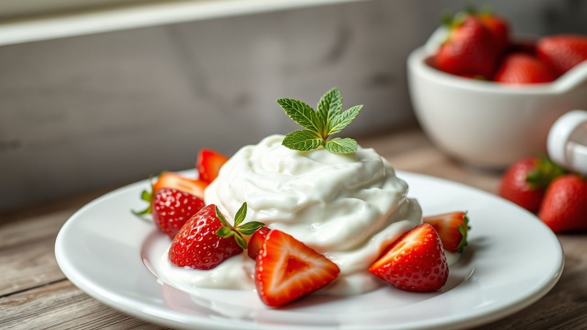 Iogurte natural caseiro cremoso e firme servido em pote com morangos frescos por cima