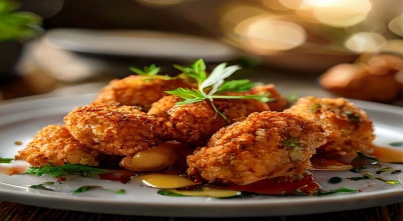 Kibes dourados e crocantes servidos em prato com rodelas de limão e molho de coalhada