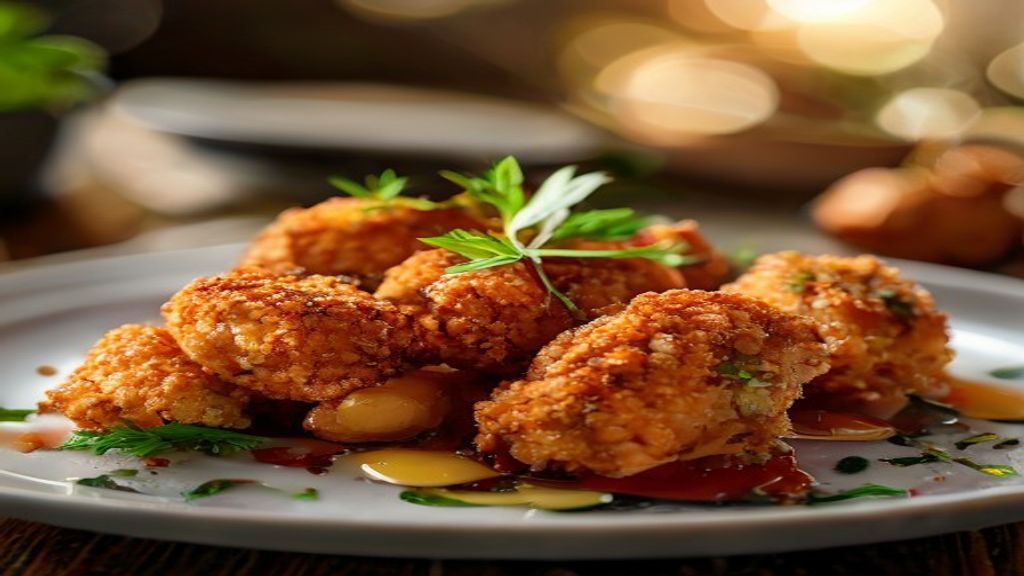Prato de kibe frito crocante dourado por fora e macio por dentro, servido com limão e molho de coalhada