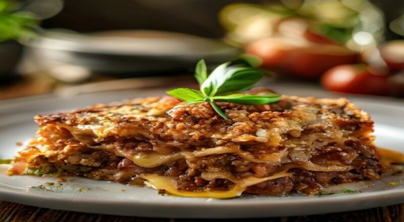 Lasanha gratinada com queijo dourado e camadas perfeitas, servida em prato branco com toque de ervas