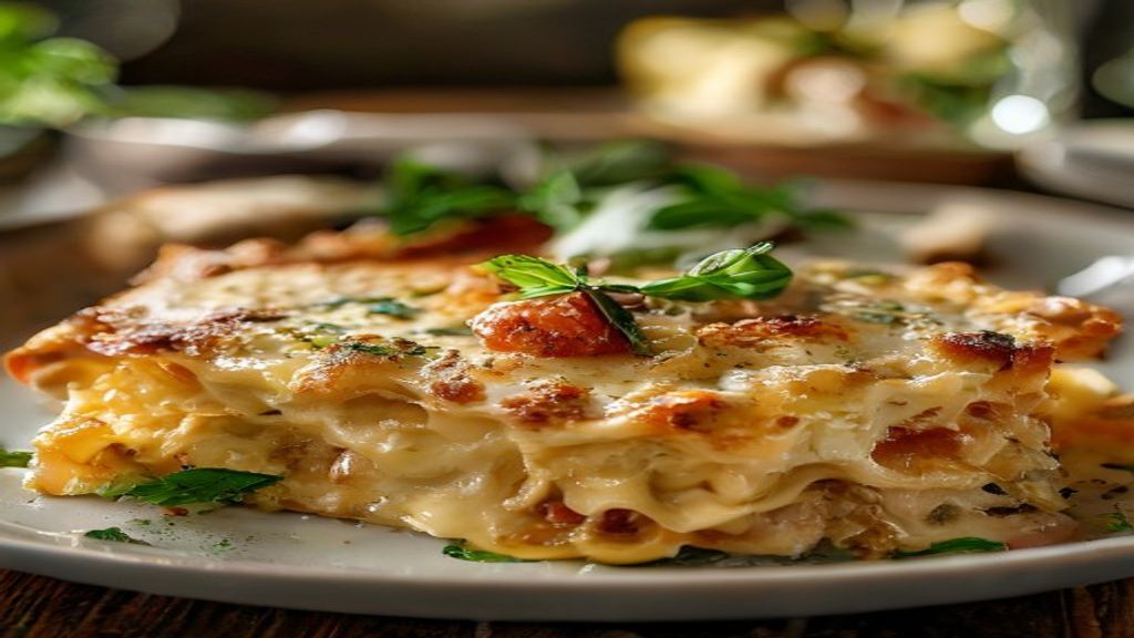 Lasanha de frigideira cremosa servida em frigideira, com queijo derretido e molho suculento