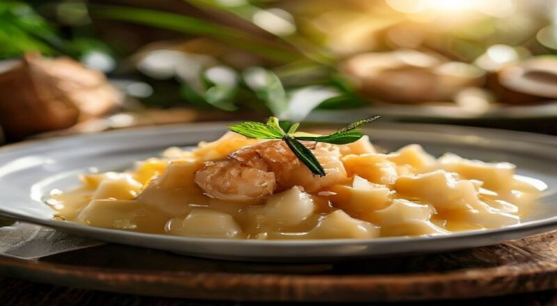 Leite de coco caseiro cremoso servido em um copo transparente, com pedaços de coco fresco ao lado