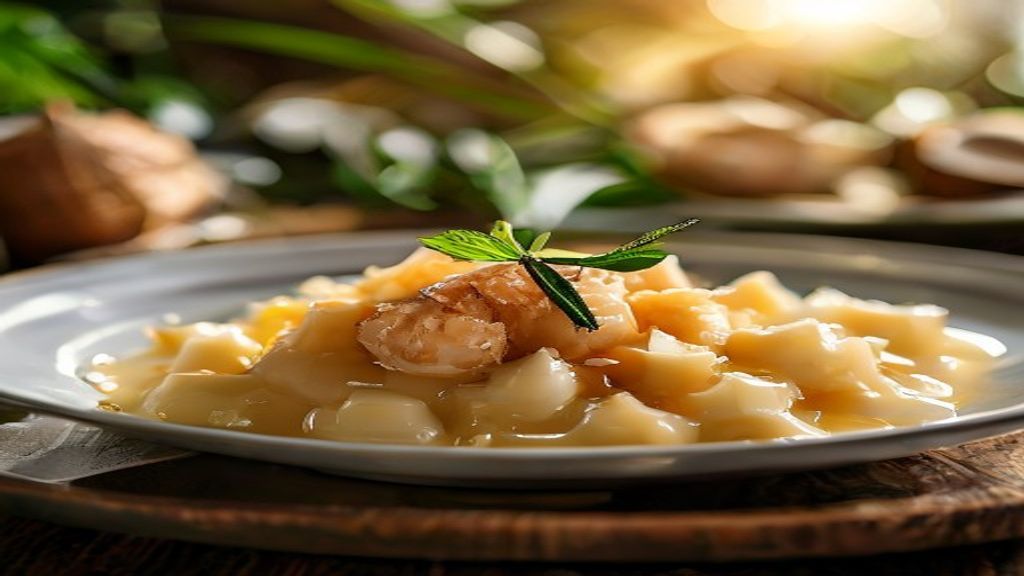 Copo de leite de coco caseiro cremoso e natural em mesa rústica com coco fresco ao fundo