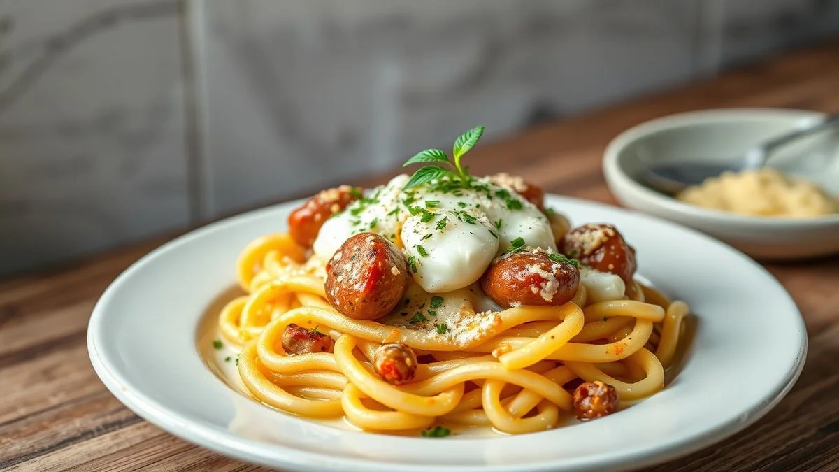 Macarrão cremoso de forno com calabresa, molho branco e muçarela gratinada, dourado e borbulhante no refratário