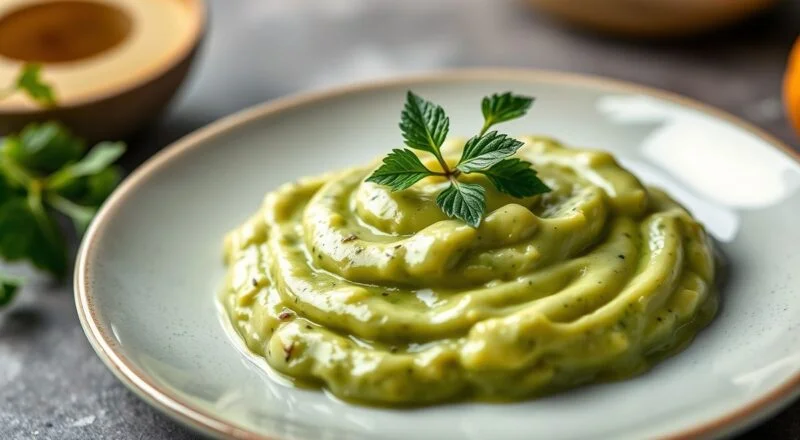 Maionese verde bem cremosa e brilhante, servida em pote de vidro com ervas frescas e pão ao lado