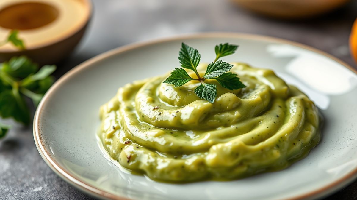 Maionese verde caseira cremosa e brilhante em pote, com ervas frescas, pronta para servir no lanche