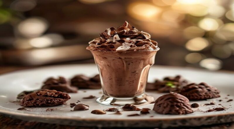 Copo alto de milkshake cremoso de chocolate com biscoitos, decorado com chantilly e pedaços de biscoito