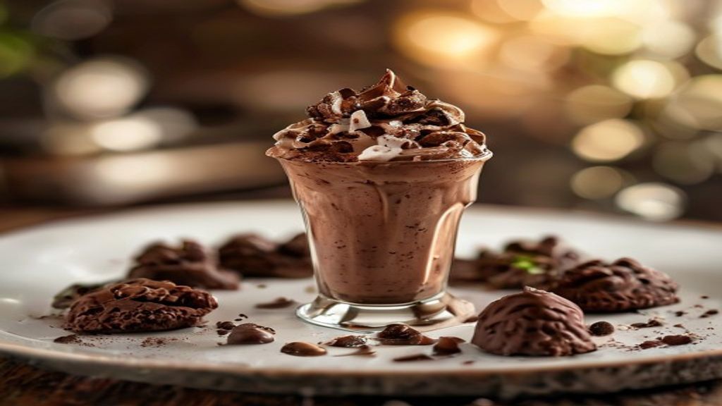Copo de milkshake de chocolate com biscoitos cremoso decorado com chantilly e raspas de chocolate