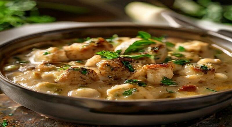 Moela cremosa servida em prato fundo, com molho espesso e cheiro-verde, aspecto suculento e caseiro.