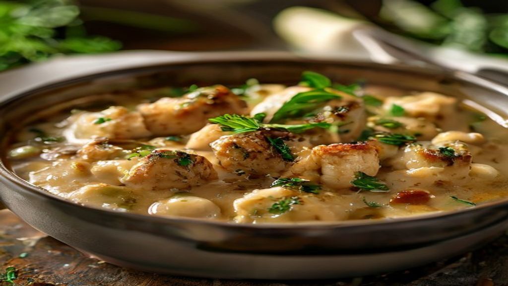 Prato de moela cremosa macia com molho denso e temperos coloridos, servido de forma apetitosa