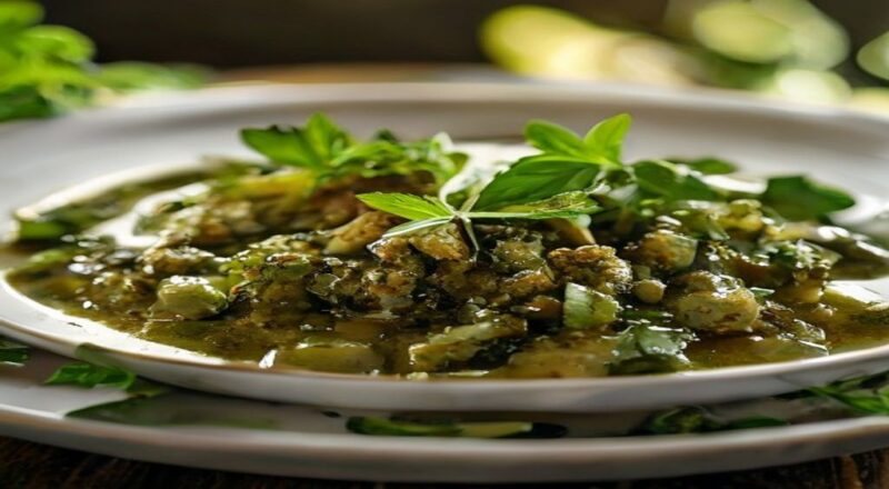 Tigela rústica com molho chimichurri com ervas frescas e alho, com textura brilhante e apetitoso