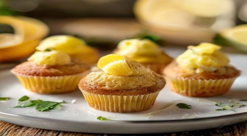 Muffins de limão dourados, macios e perfumados, servidos em prato branco com raspas de limão.