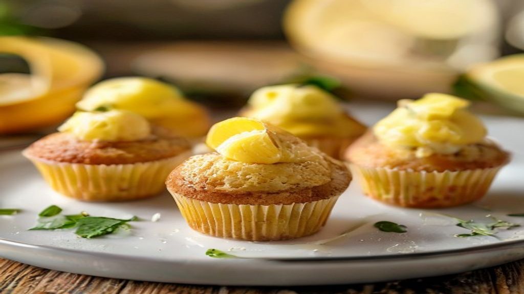 Muffin de limão dourado e fofo sobre prato branco, com casca de limão e aparência caseira e atraente.