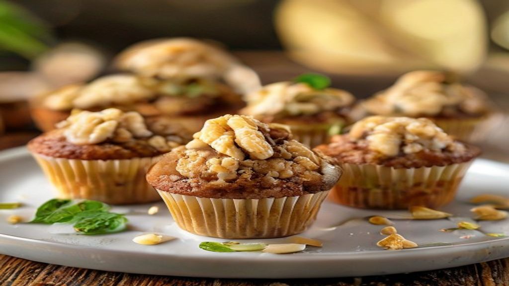 Muffins de banana e nozes dourados e fofos, com pedaços visíveis de noz e aroma caseiro irresistível.