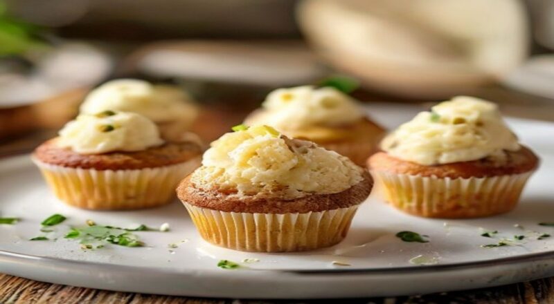 Muffins de baunilha dourados, fofos e uniformes, servidos em uma mesa de café com fundo iluminado e acolhedor
