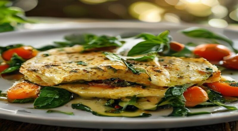 Omelete dourada dobrada ao meio com espinafre e tomate, servida em prato branco com talheres e ervas frescas ao redor.