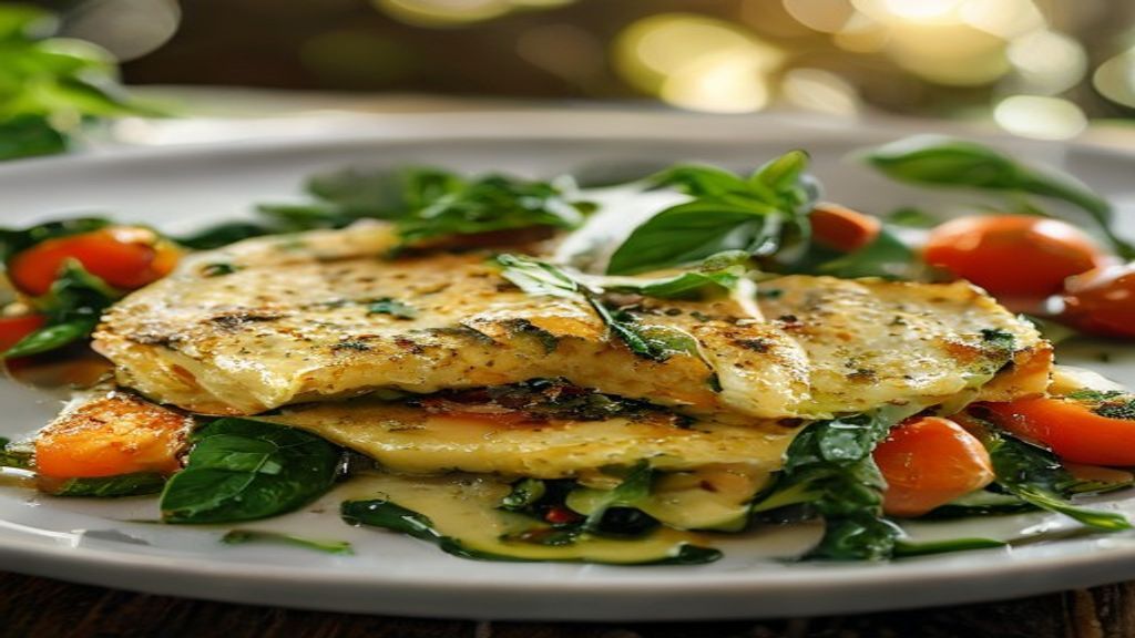 Prato de omelete com espinafre e tomate refogado servido quente, colorido e apetitoso, destacando o contraste do verde e vermelho.