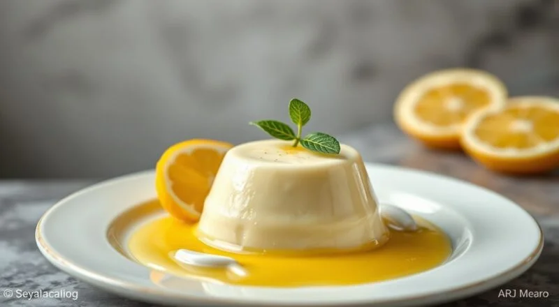 Panna cotta cremosa desenformada no prato, com raspas de limão-siciliano e calda de frutas vermelhas brilhante ao lado