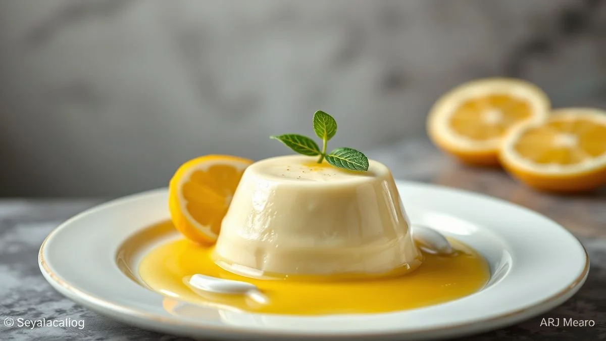 Panna cotta de limão-siciliano cremosa desenformada, com raspas por cima e calda de frutas vermelhas