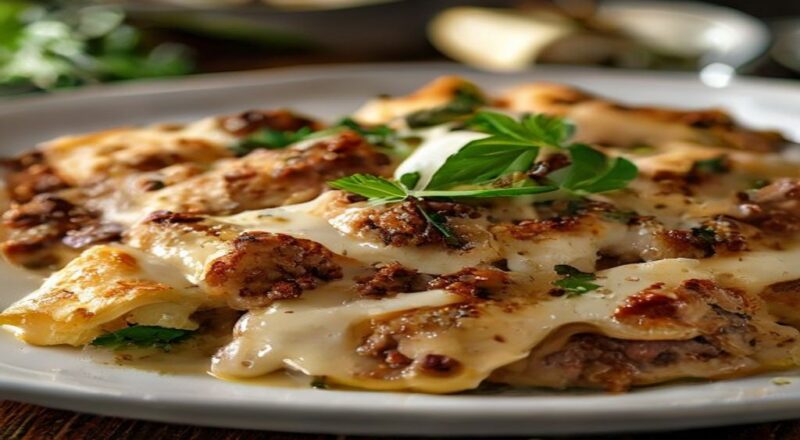 Panquecas de carne moída gratinadas com queijo e molho branco, douradas e apetitosas no prato