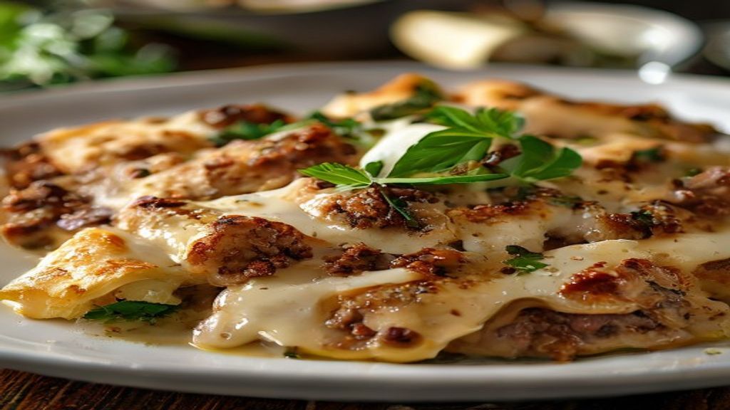 Panqueca de carne moída gratinada com queijo e molho branco servida quente e dourada