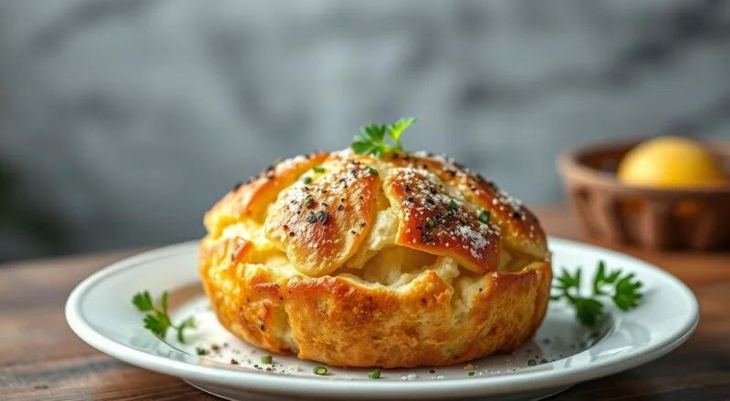 Pão alto e dourado, fatiado para mostrar o miolo bem macio e aerado, servido em tábua com manteiga