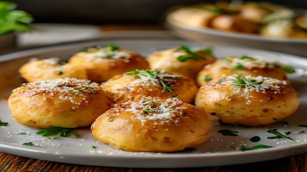 Pão de queijo na airfryer com parmesão dourado e crocante, servido quentinho em cesto de palha