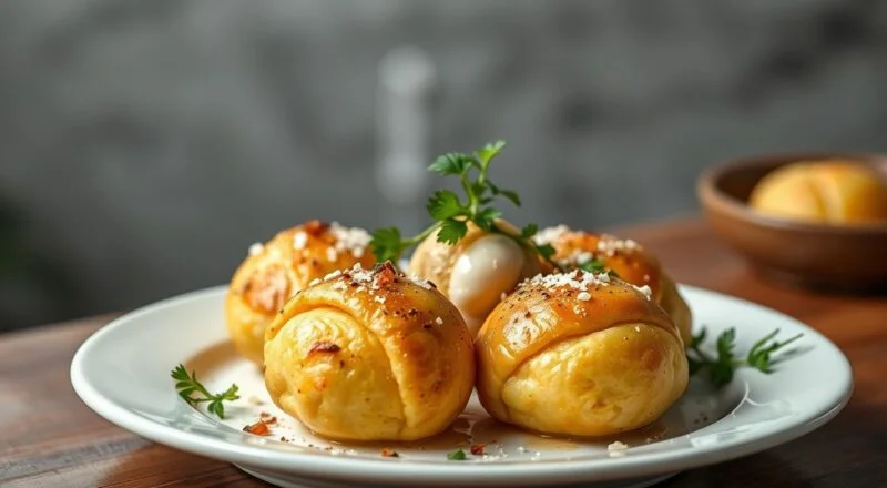 Pãozinhos de mandioca dourados, com casquinha crocante e miolo macio, servidos em cesta com pano e queijo por cima