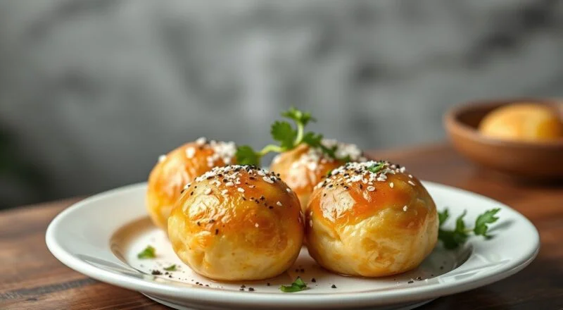 Pãozinhos de tapioca recém-assados, dourados, com casquinha leve e interior macio, servidos ainda mornos