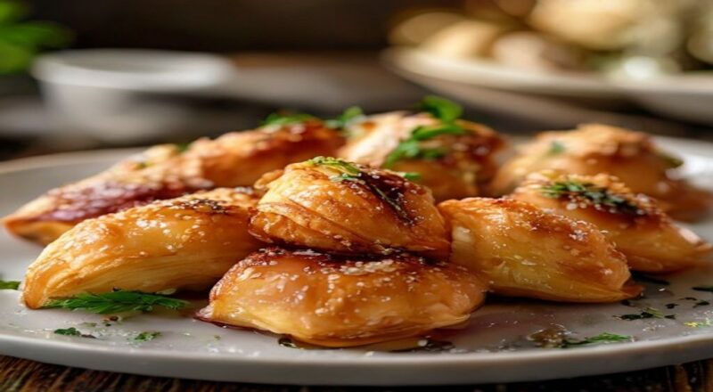 Pastéis dourados, crocantes e sequinhos dispostos em um prato rústico, com aparência leve e apetitosa