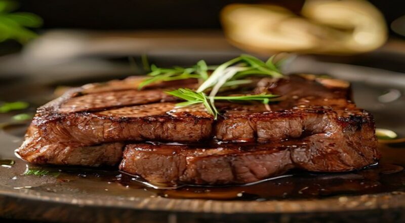 Picanha grelhada fatiada, dourada por fora e rosada por dentro, servida em tábua rústica com farofa e vinagrete.
